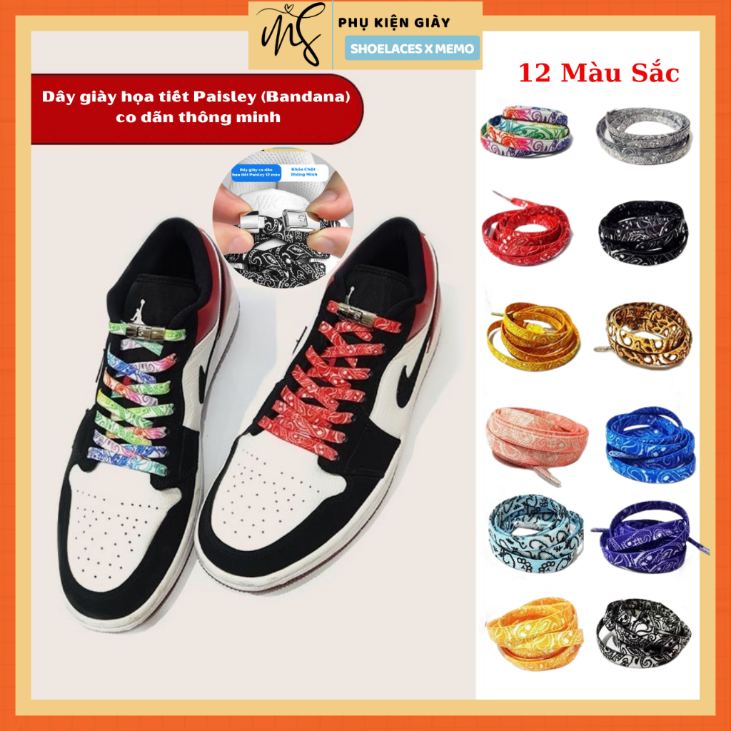 Dây giày thông minh co dãn họa tiết paisley bandana trắng đen cao cấp phù hợp mọi mẫu giày thể thao AF1, MLB, das, AJ1